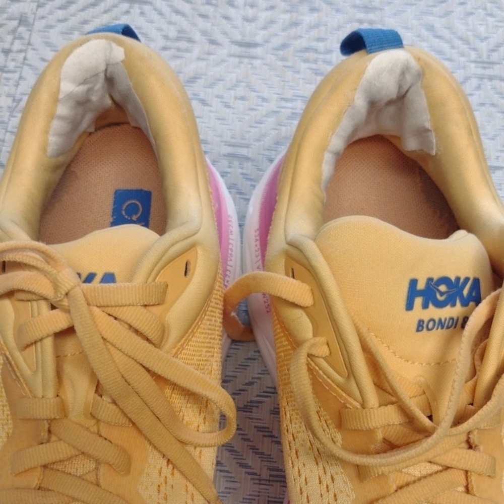 Hoka One One Bondi 8 Women's Yellow and Pink Running Shoes - Picture 13 of 14